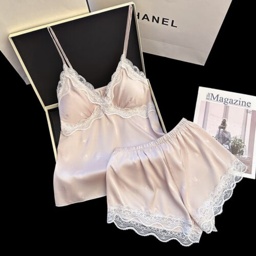 Ivory Muse Lounge Set I Premium Satin Sleepwear (Pastel Pink)