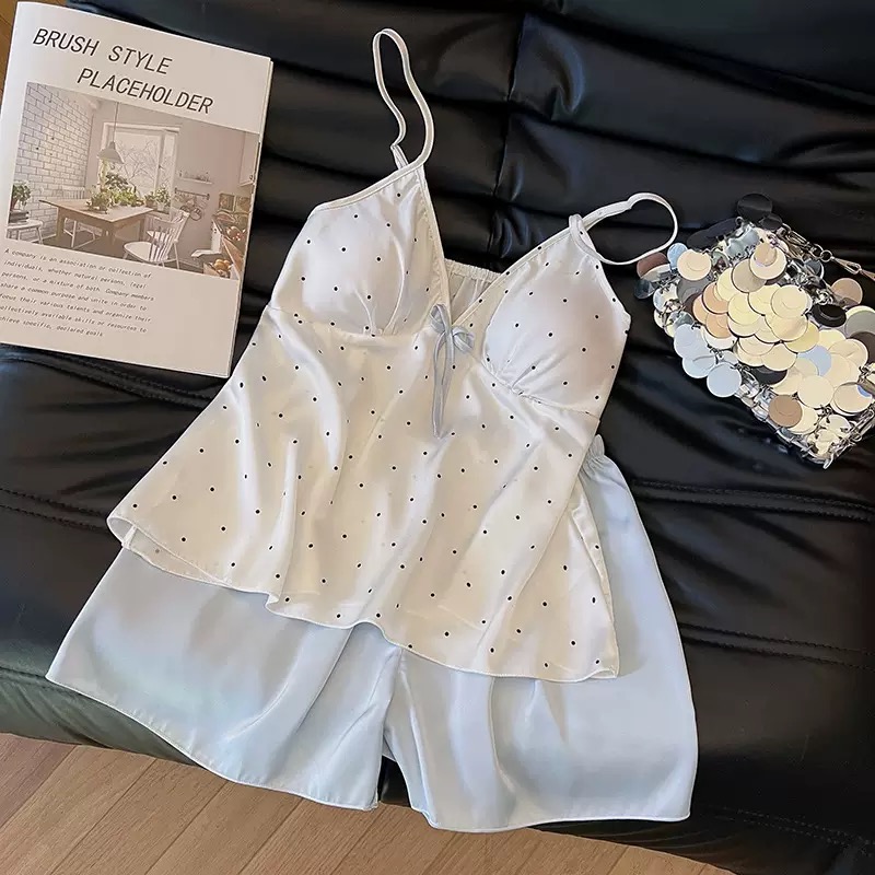 Luxury Polka Dot Satin Sleepwear (Baby Blue)