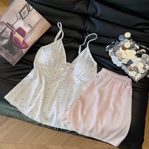 Luxury Polka Dot Satin Sleepwear (Pastel Pink)